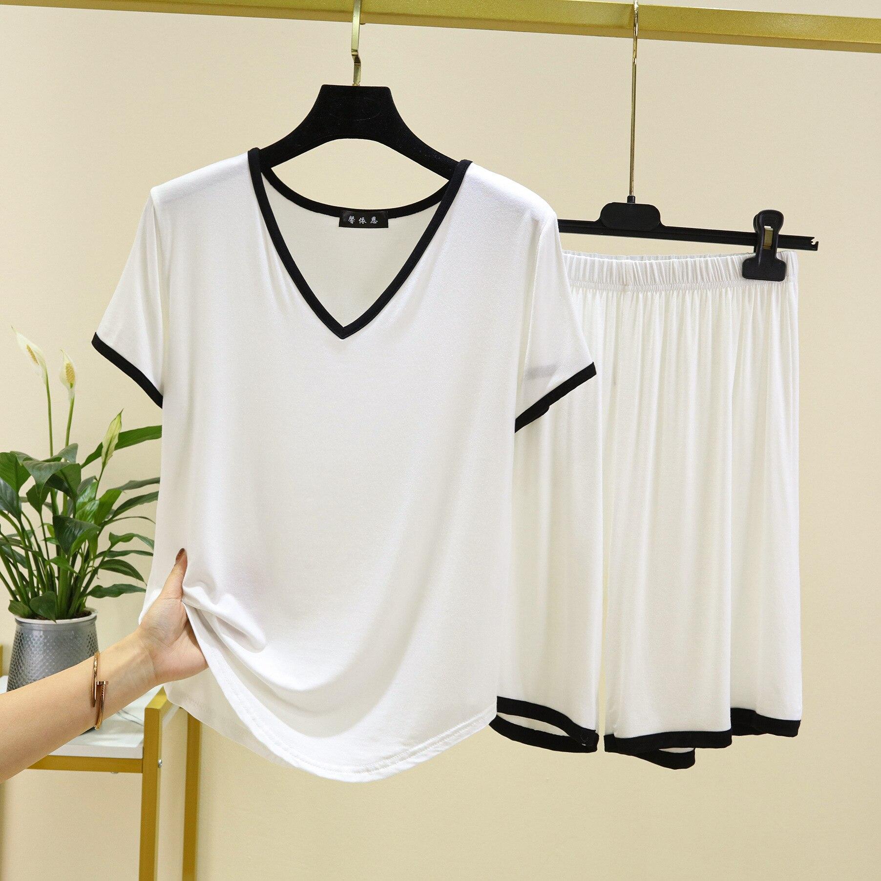 

Літній новий жіночий піжамний костюм 2025 модальний V-подібний виріз, шорти з короткими рукавами, з двох частин, тонкий вільний великий розмір, домашній повсякденний одяг для сну XXL білий