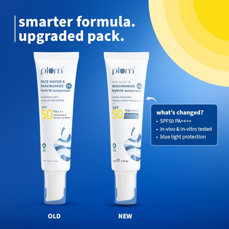 Plum Crema Solare Ibrida 2% Niacinamide Acqua di Riso SPF 50 PA++++ 50g Confezione da 2 Leggera Non Appiccicosa Glow