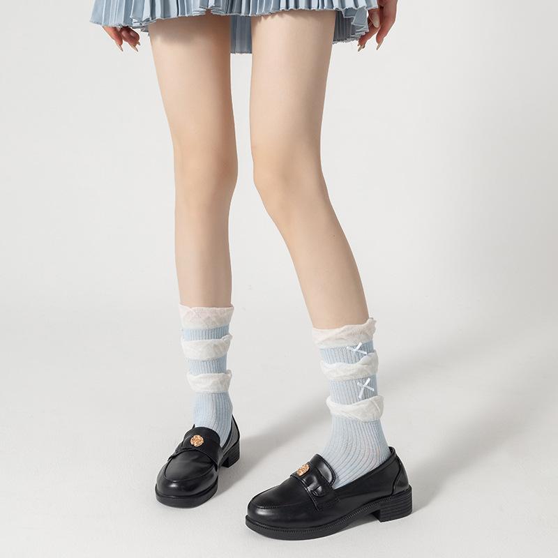 Female Summer Thin Double Layer Pile Pile Pleats Sweet Candy Color In The Tube Socks