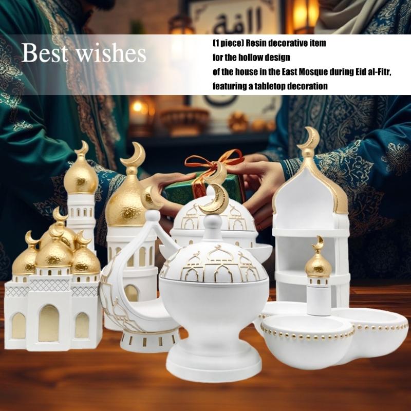 Gold and White Mosque Tower Model Desktop Ornament,Ramadans Eid Home Decors Decorative Ornament for Table Bookshelf