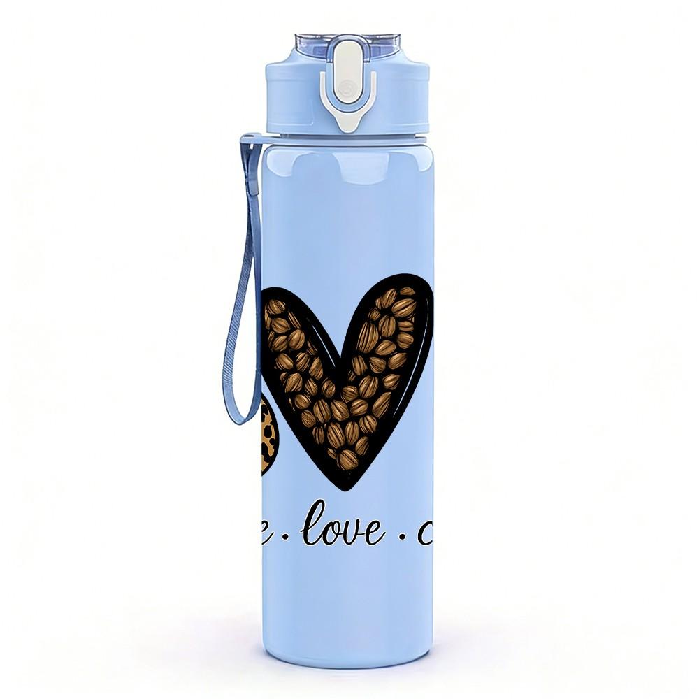 1PC Peace Love Coffee Heart Print 750ml Color Plastic Sports Water Bottle Leakproof Flip Straw Lid Suitable for Sports Office Home Use