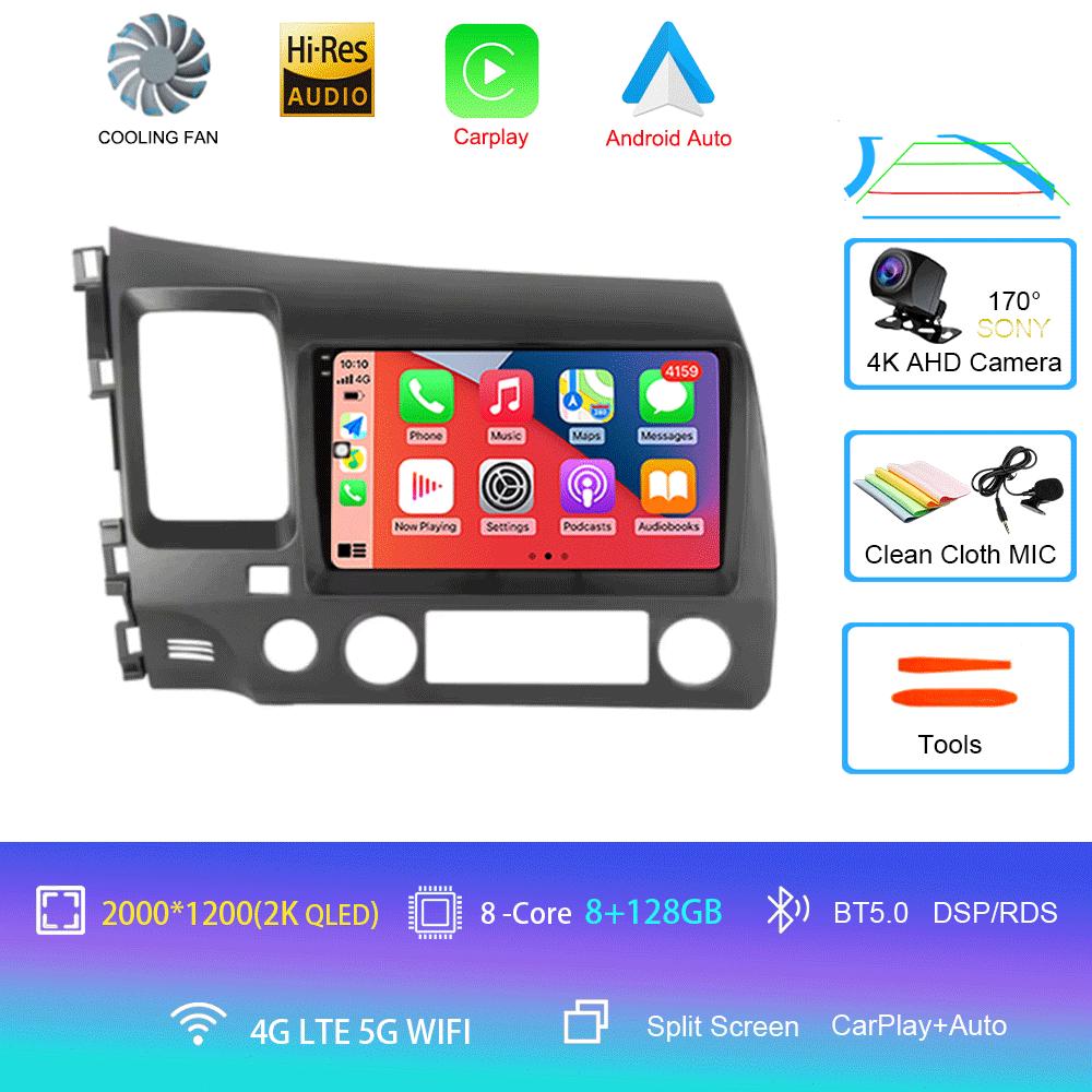 Car Stereo Radio F9" Android 14 Carplay or Honda Civic 8 2005 - 2012 Multimedia Player Navigation GPS 2 Din 4G WIFI Audio DVD