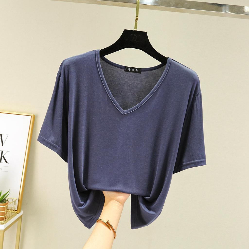 T-shirt da donna Modal scollo a V Maniche corte Top T-shirt casual estive Tinta unita T-shirt basic allentate