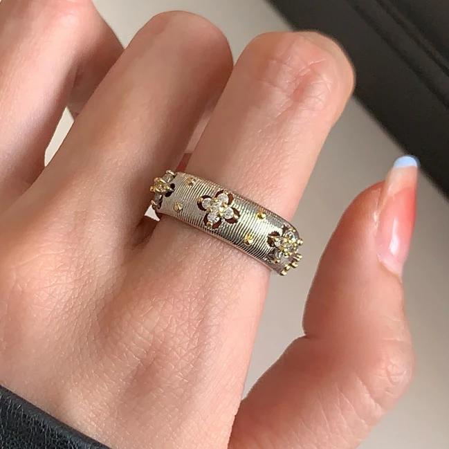 Pravé Sterlingové Stříbro 18K Zlato Zirkon Hvězda Kulatý Otevírací Prsteny pro Ženy Vintage Jemné Lehké Luxusní Doplňky