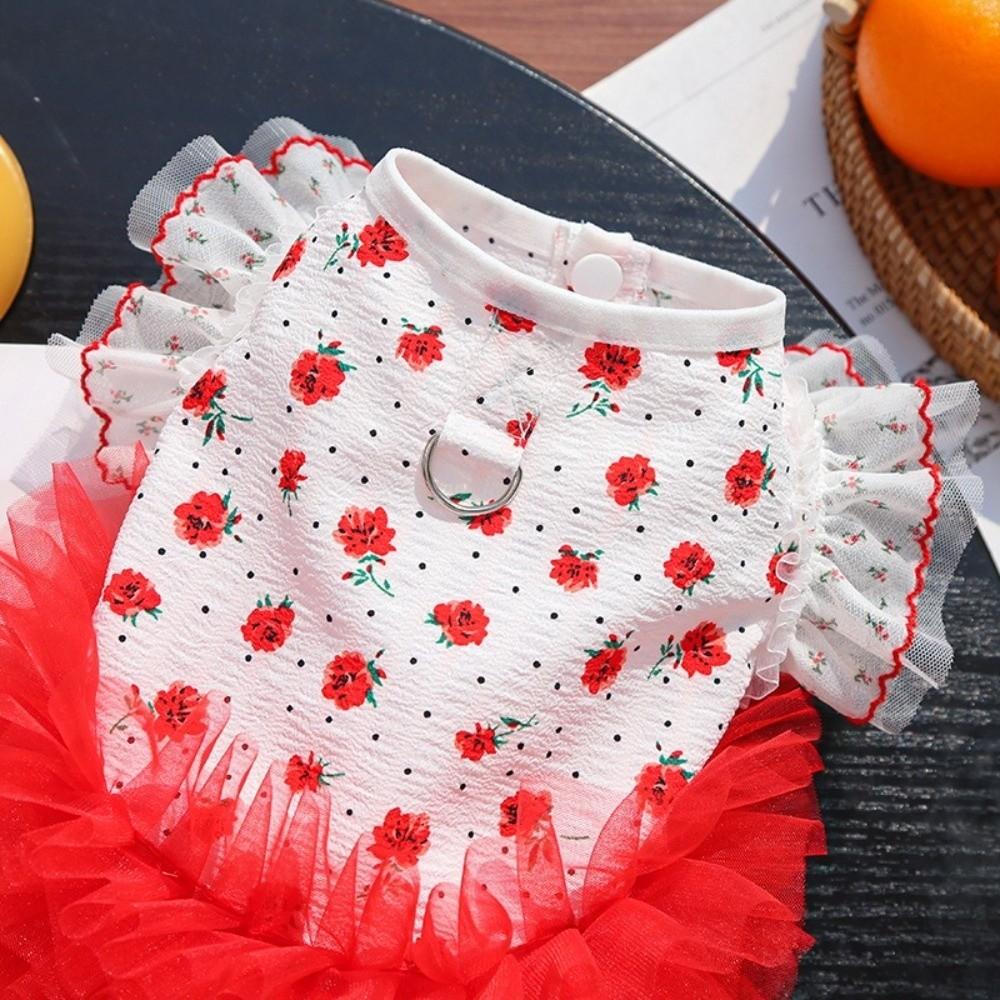 Flutter Sleeves Cat Tutu Skirt Rose Pattern Puppy Floral Vest Cat Cake Skirt  Bichon Frise Dog