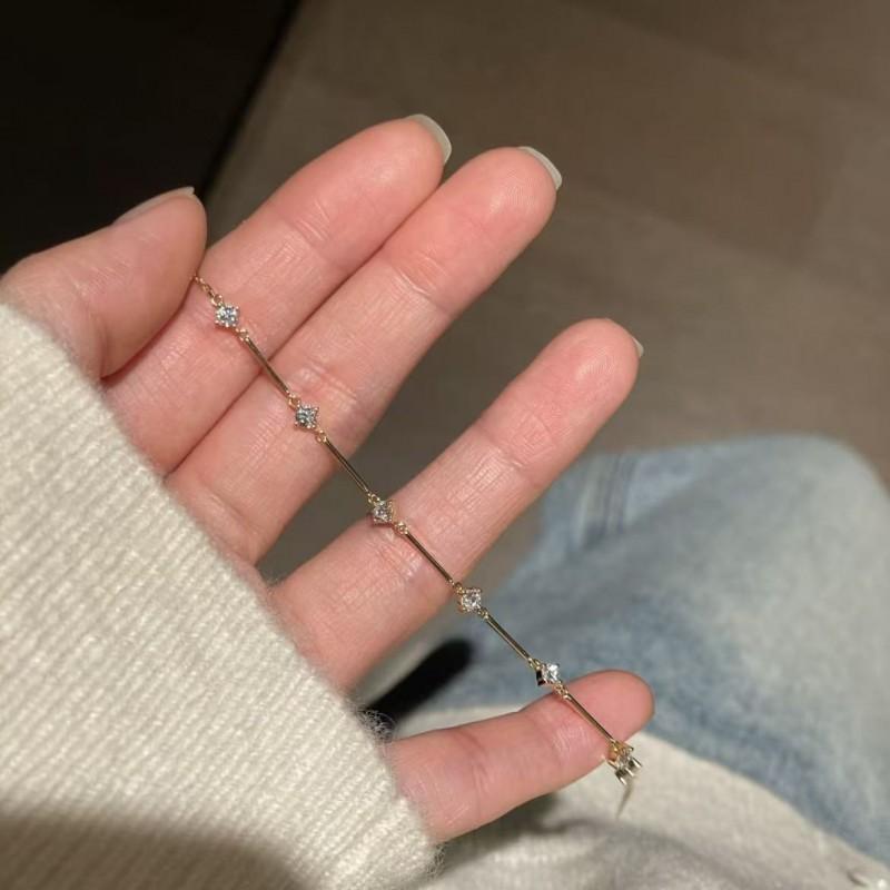 Elegant Minimalist French Style Sparkling Crystal Chain Bracelet Women Thin Layering Gold-Tone Jewelry