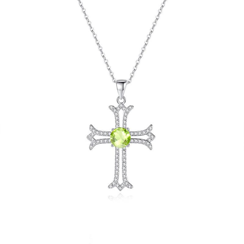Gothic Cross Necklace European Style S925 Silver Inlaid Peridot Full Diamond Clavicle Chain