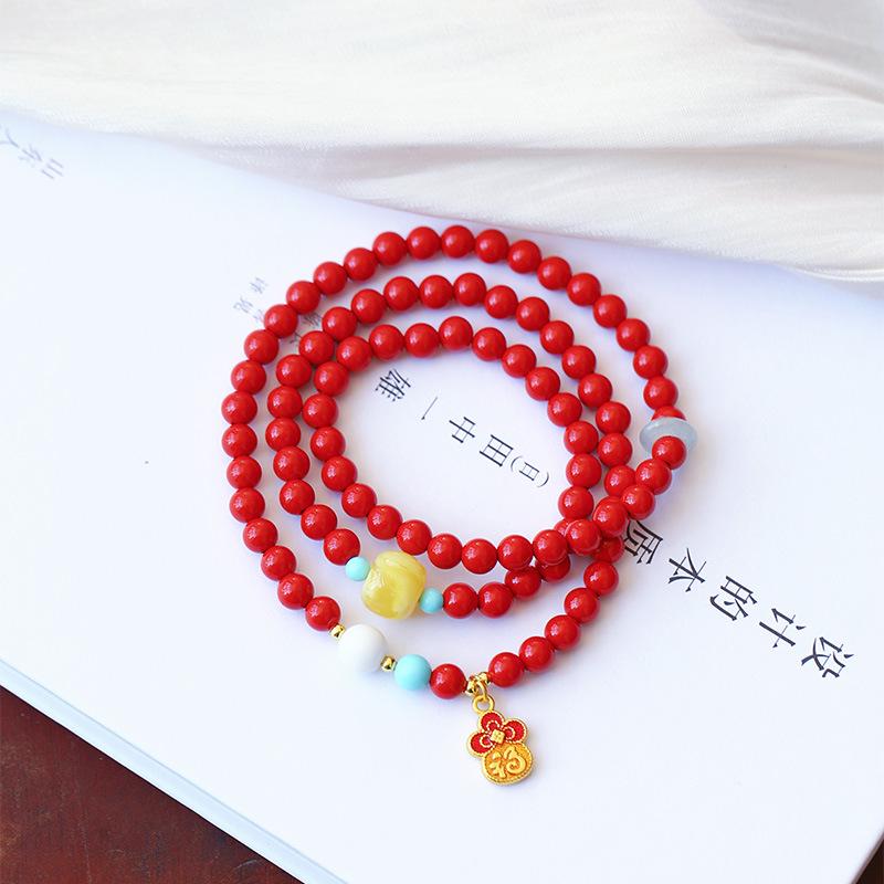 6mm Cinnabar and Amber Triple-Round Bracelet with Pendant