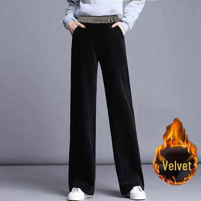 Women's Corduroy Wide-Leg Casual Pants - Autumn/Winter, Thickened, Plus Size, Straight, Loose Fit
