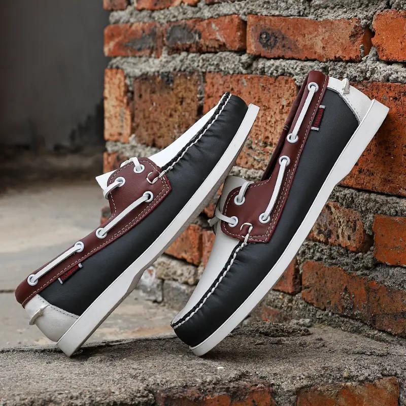 Fashion Genuine Leather Mens Trendy Apron Toe Loafer Shoes Slip On Comfy Non Slip For Outdoor Walking Traveling Spring Summer Sailboat