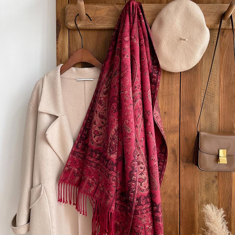 Ethnic Style Outdoor Travel Women Paisley Jacquard Scarf Thick Cashmere Tassel Shawl Winter Warm Neck Wrap Pashmina Floral