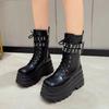 Fashion 9CM High Platform Warm Ankle Boots Women Autumn Winter Non Slip Combat Punk Fur Shoes Woman Buckle Leather Motorcycle Boots 2024