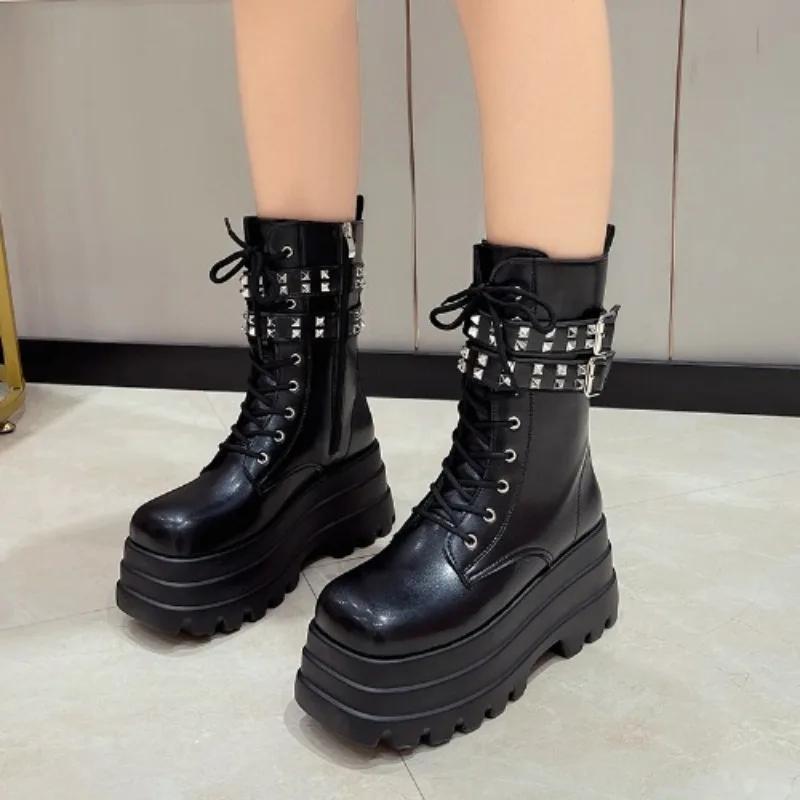 Fashion 9CM High Platform Warm Ankle Boots Women Autumn Winter Non Slip Combat Punk Fur Shoes Woman Buckle Leather Motorcycle Boots 2024
