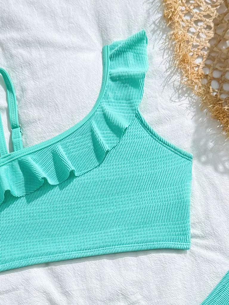 Girls Three Piece Swimsuit Set One Shoulder Ruffle Bikini Top with Adjustable Strap High Waist Bottom and Skirt Cover Up Beachwear Swimwear