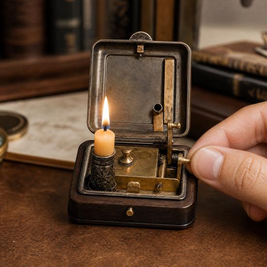 Mechanical Candle Box, 19 Century Vintage Wind-Up Pocket Igniter & Candle Holder, Retro Brass Victorian Flame Igniter Candle Box with Mechanical Riser