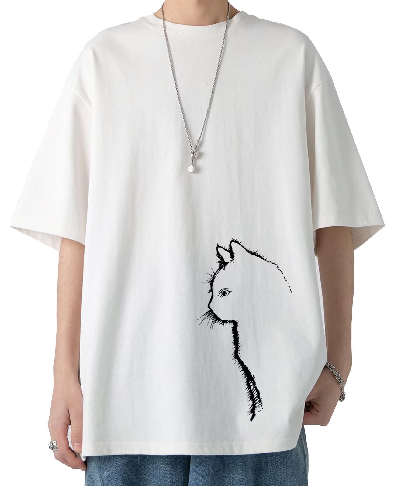 

Летняя Свободная Большая Мягкая для Кошки Прохладная для Капли Легкая для Повседневной [Приор] Мужская Футболка, Хлопок, Белая, Посадка, Силуэт, На ощупь, Узор,