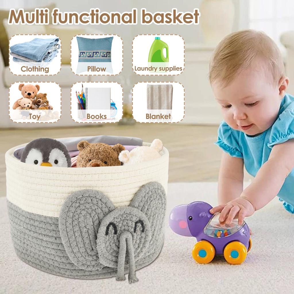 Elephants Cotton Rope Storage Basket Cute Baby Laundry Basket Versatile Safe Cotton Rope Toy Storage Basket for Home