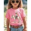 Girls  Crewneck T-Shirt, Cartoon Little Girl Riding Horse Print With Hat Design, Summer Versatile Casual Kids Tee