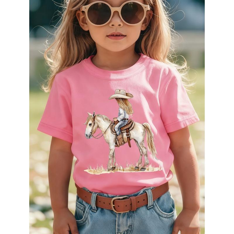 Girls  Crewneck T-Shirt, Cartoon Little Girl Riding Horse Print With Hat Design, Summer Versatile Casual Kids Tee