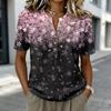 Damen Blumenprint Kurzarm Henley-Hals mit Knöpfen Leinen-Baumwoll-Bluse Lässig Leichtes Sommerhemd