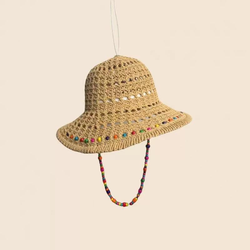 Summer colored wood beads Yafeng straw hat sunscreen 2025 new seaside sunshade brim bucket hat foldable