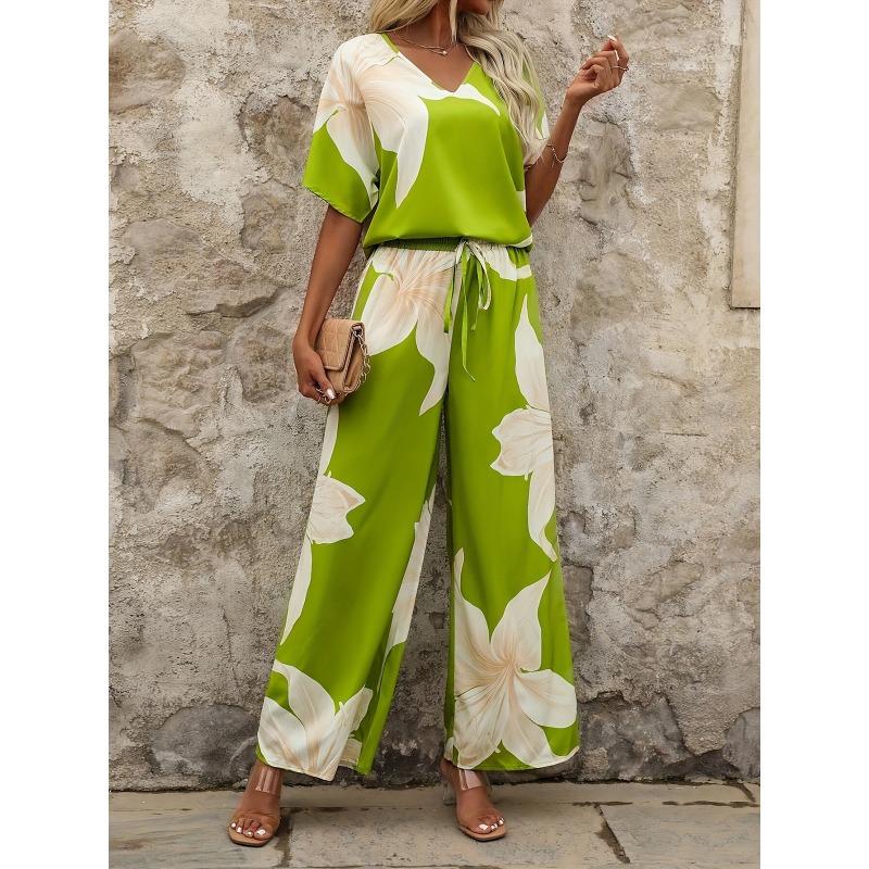 JKASHDK Women's Fashion Casual Summer Spring Flower Pattern Print Short Sleeve V-Neck Trousers Pants Suits