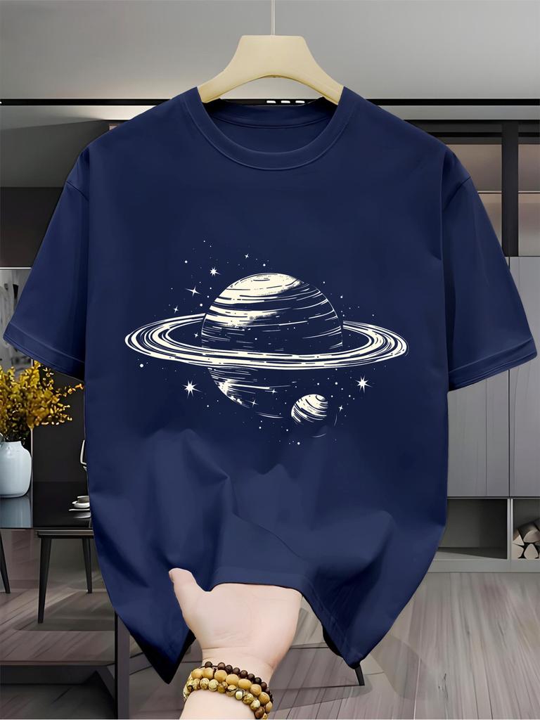 Men's Casual Short-Sleeve Crew Neck T-Shirt with SATURN Rings and Stars Pattern, Outdoor Short-Sleeve Breathable Casual T-Shirt