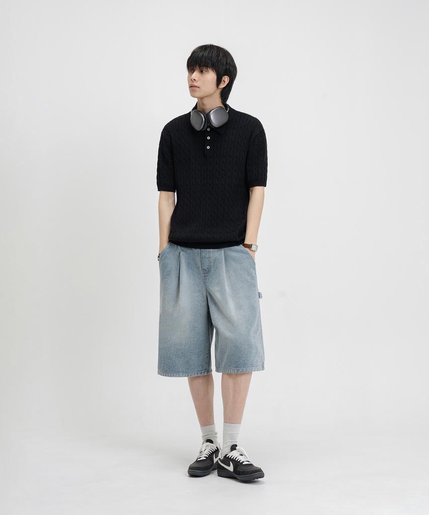 LEMAIN SECOND Oversized Washable Collared Cable Short Sleeve Knit [Black]