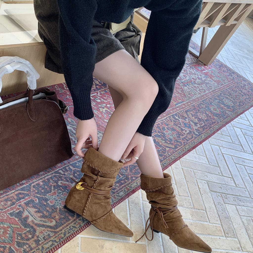 Inner height increase fashion suede thin knight boots women's 2025 autumn and winter new pointed western cowboy stacking boots