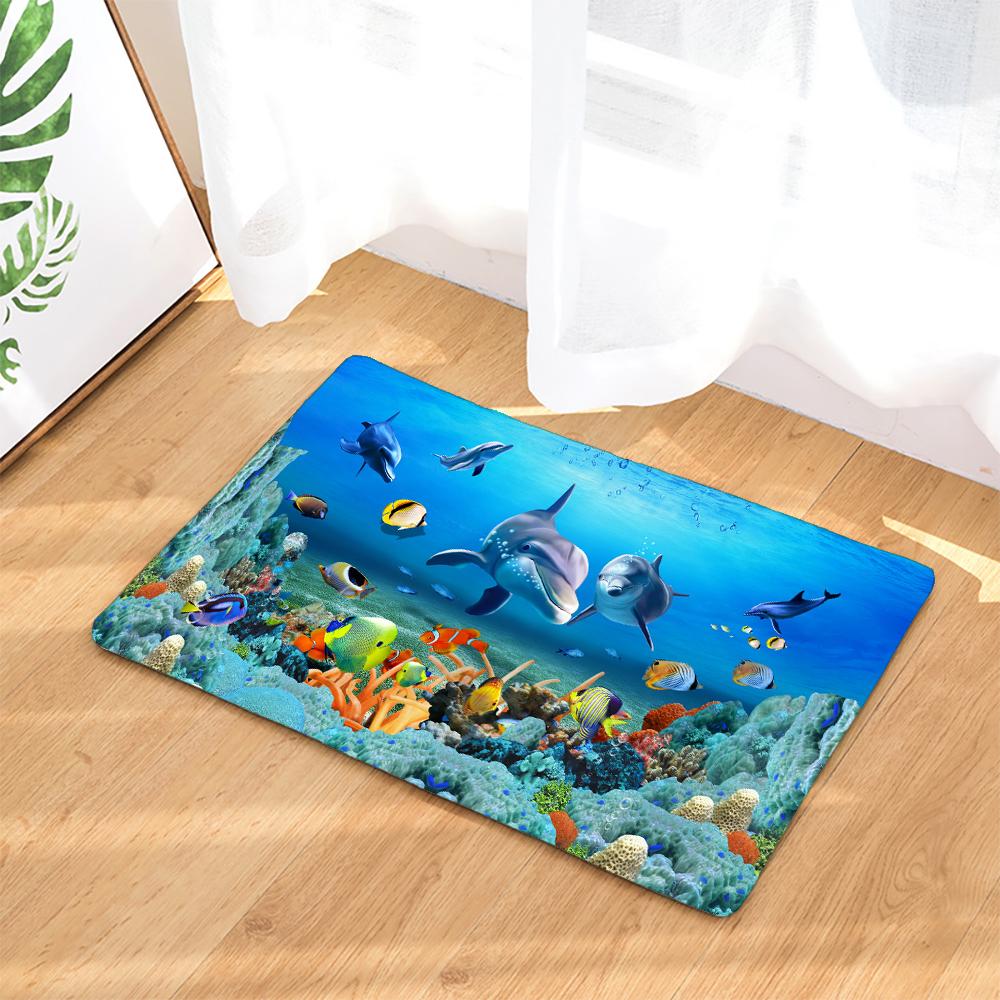 3D Printed Cartoon Ocean Dolphin Sea Beach Non-Slip Bath Mat 60*40Cm For Bathroom Carpet Rugs Flannel Kitchen Toilet Door Mat