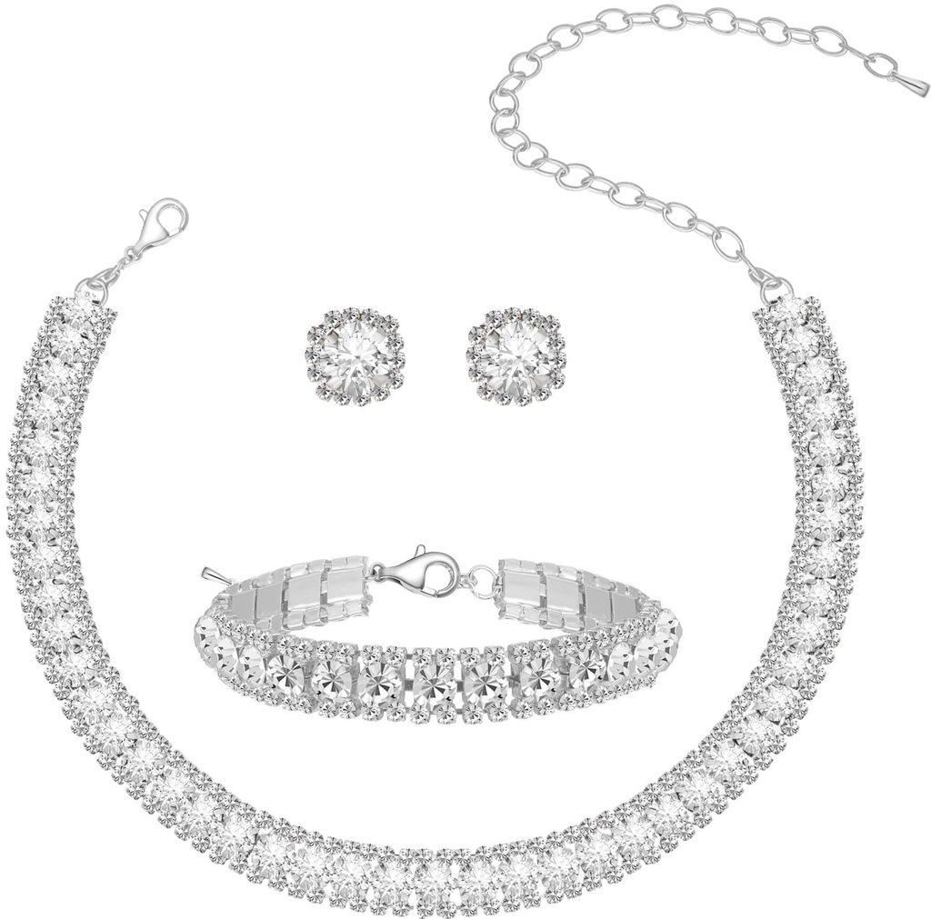 Elegant Silver Alloy Jewelry Collection With Cz Stud Earrings And Lockchain Necklace For Office Wear