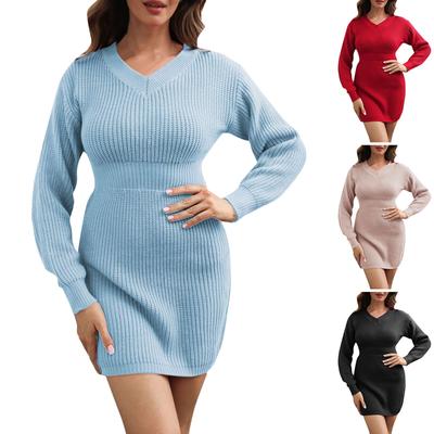 Women's V-Neck Long Sleeve Neck Waist High Waist Sweater Dress Knit Dress