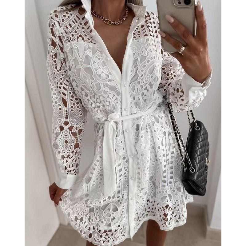 Summer Cutout Dress Elegant Women's Wear European and American New Fashionable Lace Mini Lace Dress