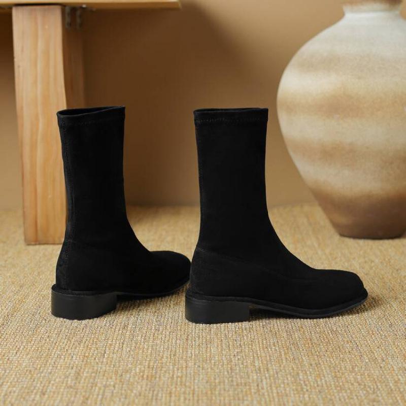 Autumn and winter comfortable suede elastic medium boots women's rubber soles square heel leather boots square head Korean version of the new knig