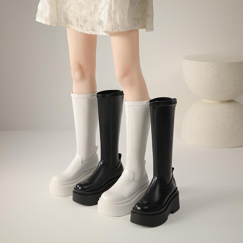 New spot 2025 autumn and winter velvet elastic thin boots, new thick-soled medium-heeled high boots, small and long