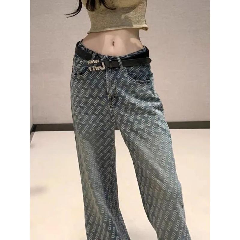 Autumn style design sense letter printing jeans women's loose and thin versatile high waist wide floor mopping straight pants