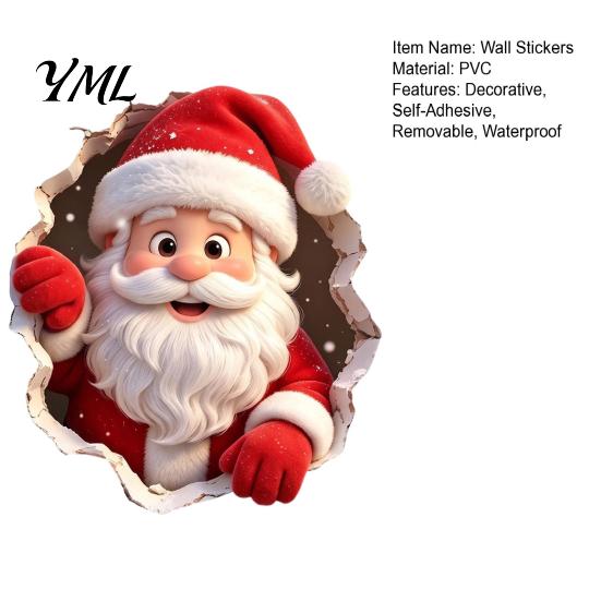 Festive Wall Murals for Bedroom 3D Christmas Santa Claus Stickers, Self Adhesive PVC Decals with Realistic Breaking Decorative Stickers Holidays
