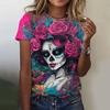 Girls' short sleeve women's T-shirt, casual sexy summer Day of the Dead skeleton pattern loose top.