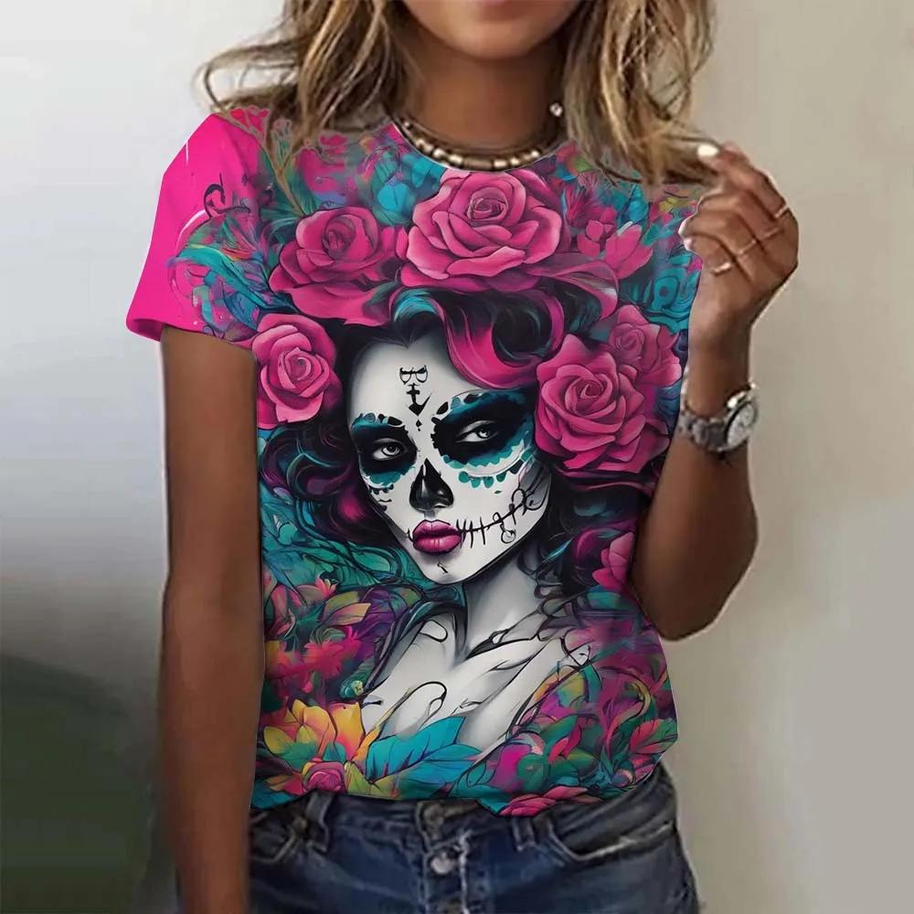 Girls' short sleeve women's T-shirt, casual sexy summer Day of the Dead skeleton pattern loose top.