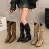 Brown V-Mouth Boots Women'S Autumn New Thick Heel Suede Tall Knight Boots Popular Western Pile Boots