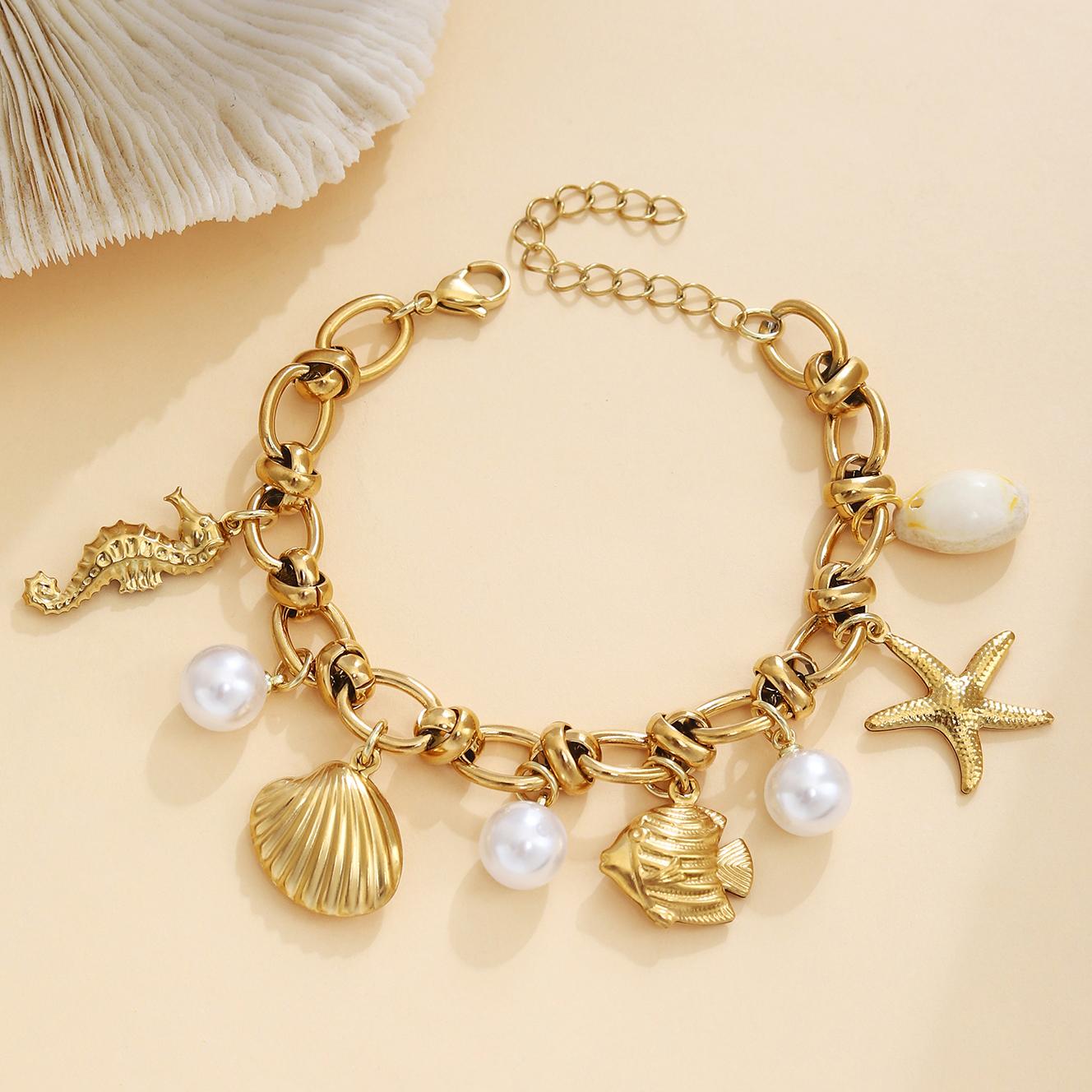 Летние пляжные браслеты из нержавеющей стали для женщин, со подвесками в морском стиле в виде морской звезды и ракушки, богемные украшения, подарок, модная курортная одежда золотой