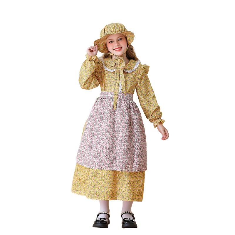 Girls Vintage Prairie Pioneer Costume Dress With Lace Bow Apron Role Play Performance