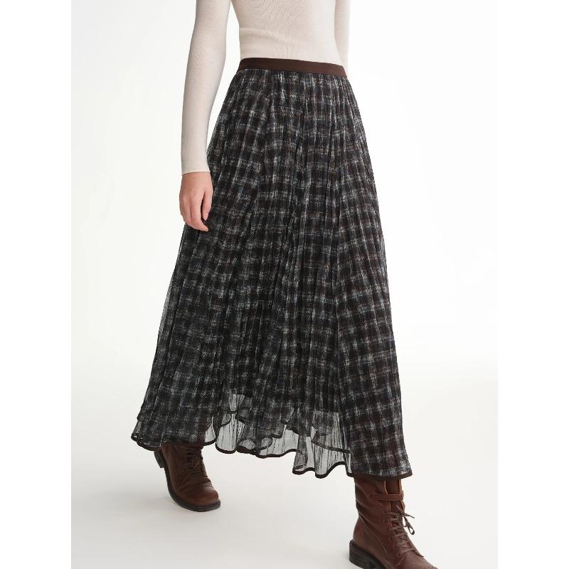Blue Brown Plaid Tulle Pleated Plaid Midi Skirt Women A-line Irregular Midi Skirt for Winter Vintage Personality