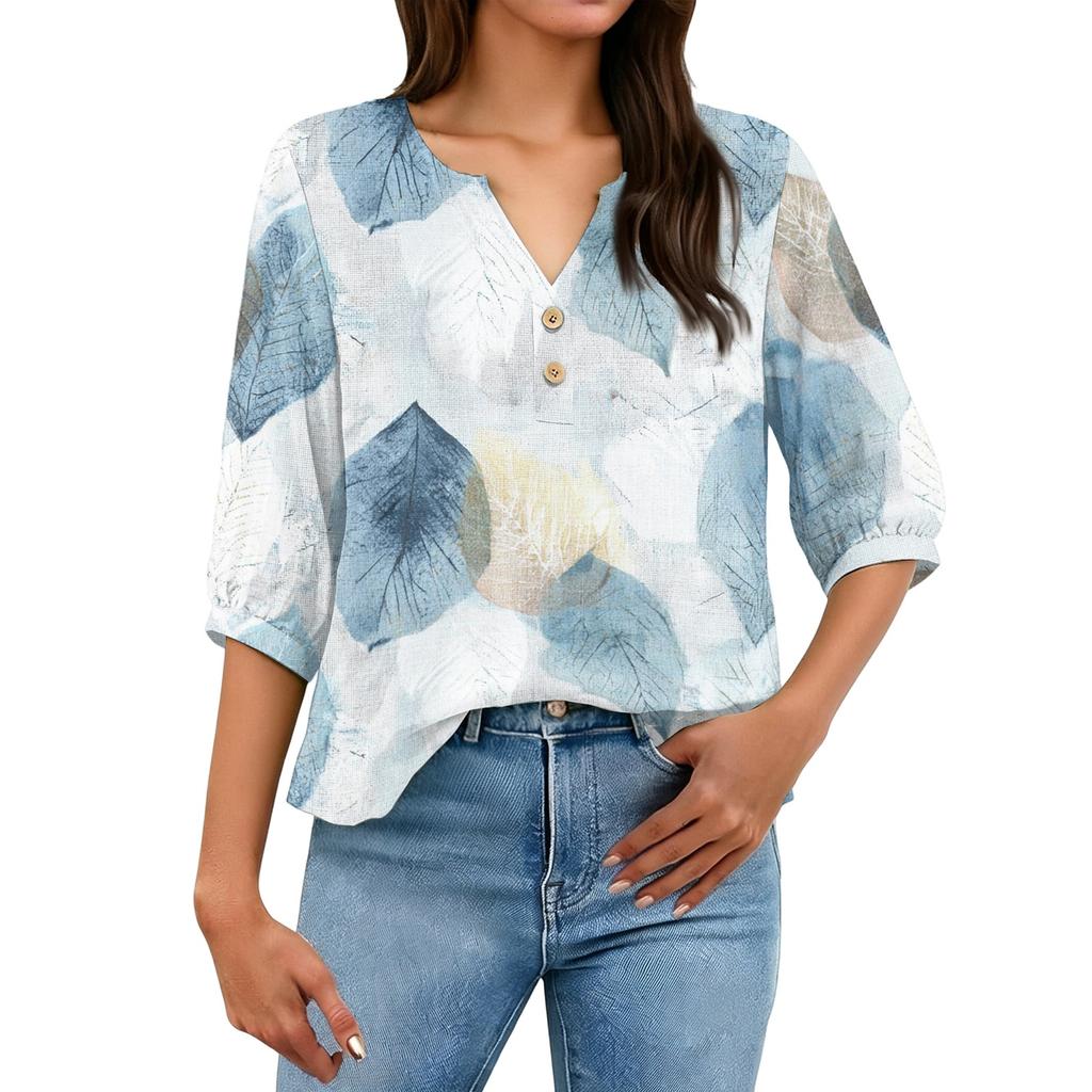 Women’s Fashion Printed Henley Neck Cotton Linen Shirt with Button Front and Three Quarter Sleeves for Casual Wear