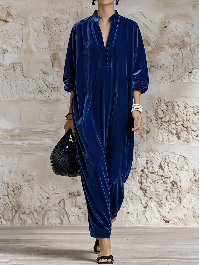 Abito autunnale e invernale da donna europeo e americano tinta unita scollo a V largo ed elegante stile velluto manica lunga a lanterna
