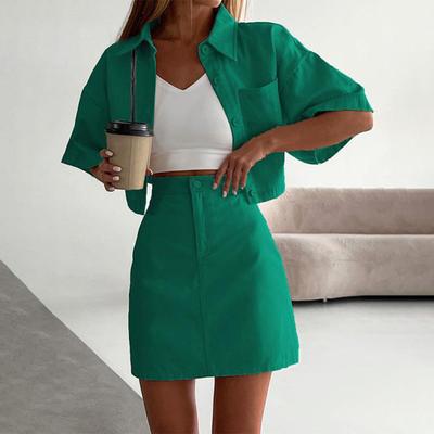2Pcs/Set Women Shirt Skirt Set Lapel Short Sleeve Buttons Placket Shirt High Waist Short Skirt Set Solid Color Outfit