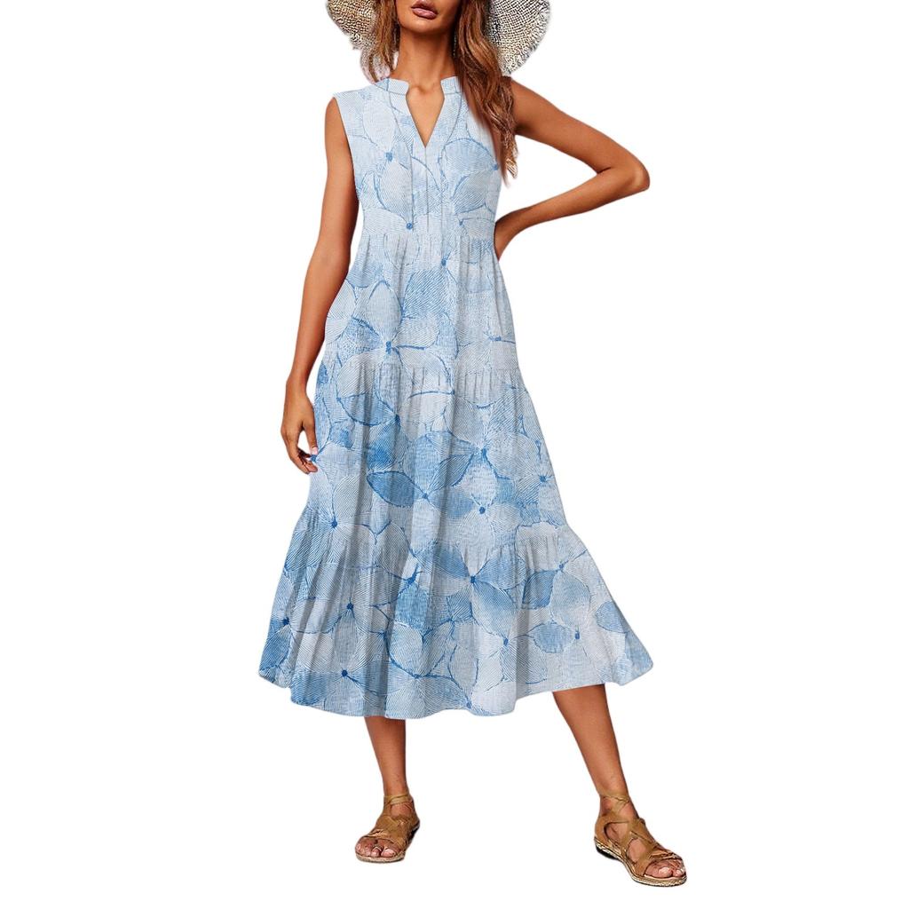 Women's Casual And Fashionable V-neck Sleeveless Printing Mid Length Dress