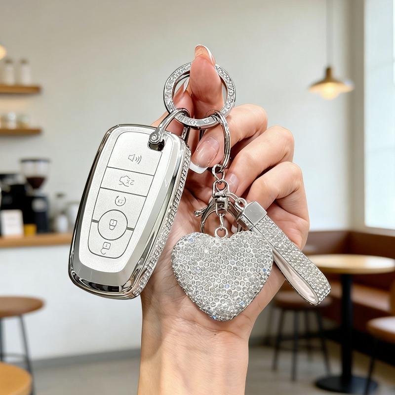 [ Side Diamonds ] 4 Buttons TPU Car Key Case Cover Shell Fob for Ford Fusion Edge Escape Explorer Taurus Expedition Ranger F-150