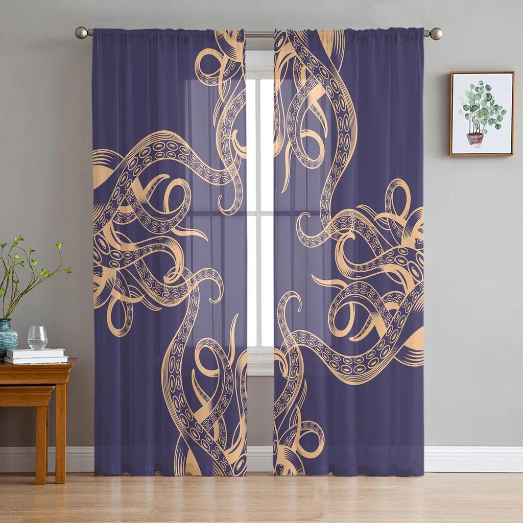 Sea Octopus Retro Cthulhu Sheer Curtains for Living Room Modern Voile Curtain Bedroom Tulle Curtains Window Drapes Decor