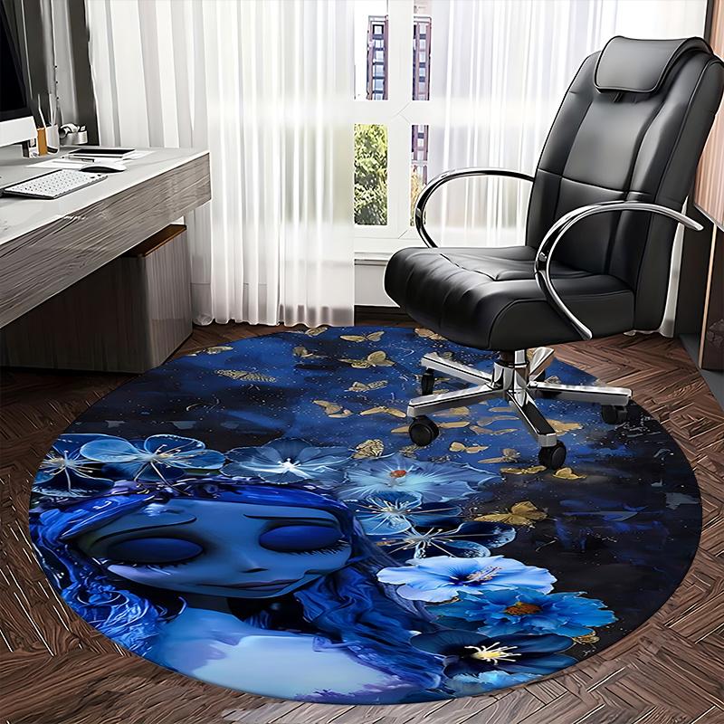 Ethereal Blue Floral Chair Mat - Round Carpet for Home Decor, Office Use, Living Room, Bedroom, Gift Idea0242b